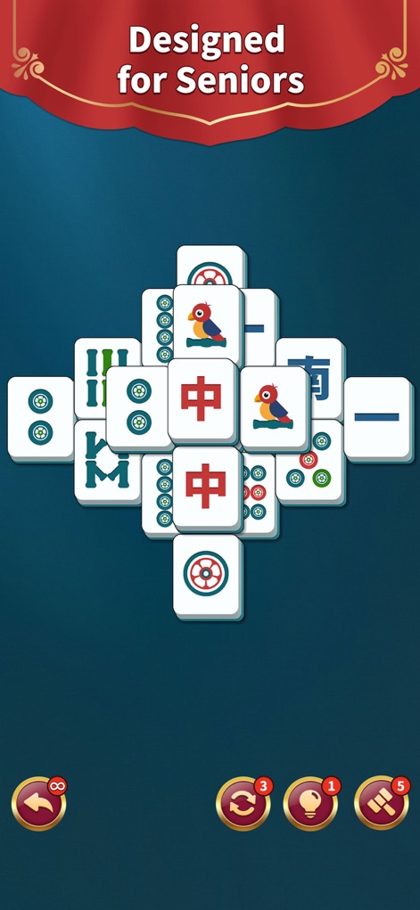 Mahjong Solitaire: Match Game - Observe the clear, large tiles and the intuitive bottom navigation controls, specifically designed to enhance accessibility and ease of use for all players.