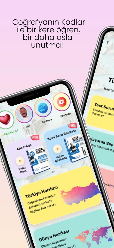Türkiye ve Dünya Haritaları - Discover the app's intuitive main menu, offering quick access to educational "Video Ders" and a dedicated "Kpss Soru Bankası" for exam preparation.