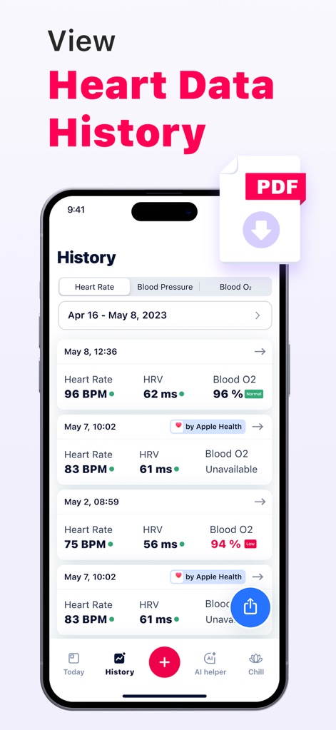 Cardi Mate: Heart Rate Monitor - Esta sección presenta un historial cronológico de las métricas vitales registradas, permitiendo exportar los datos a PDF y mostrando la integración con Apple Health para un registro completo.