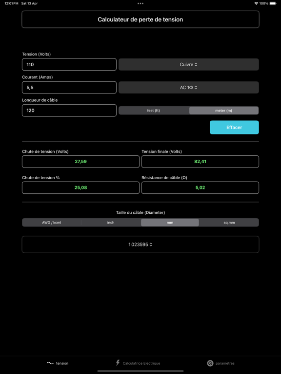 Screenshot #5 pour calculs de chute de tension