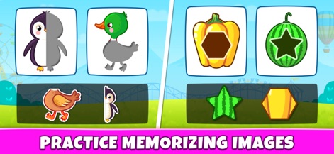 Kids Games: For Toddlers 3-5 - Users can enhance memory and spatial reasoning through engaging activities, such as completing animal halves or fitting shapes into outlines.