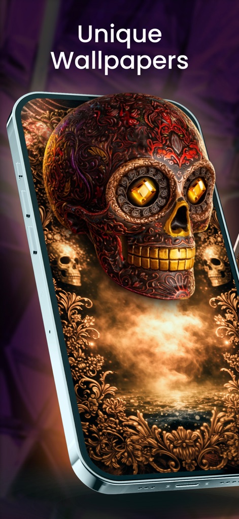 ThemeMe: Top Widgets & Themes - Nutzer können ihren Startbildschirm mit markanten, kunstvoll gestalteten Totenkopf-Motiven und opulenten Goldverzierungen personalisieren.