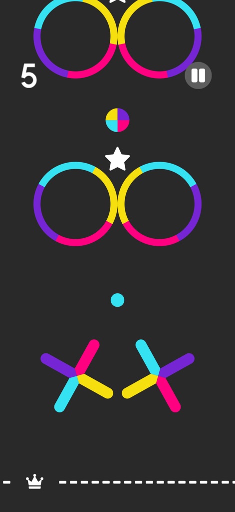 Color Switch - La aplicación presenta un anillo segmentado multicolor y una bola de color que debe pasar a través del segmento correspondiente, demostrando la mecánica central del juego.