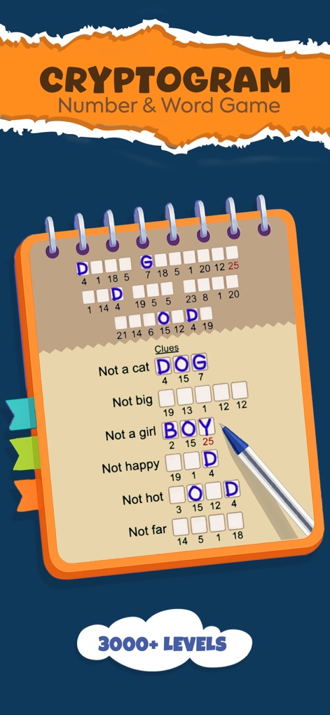 Cryptogram: Number & Word Game - 이 앱은 숫자와 문자를 연결하여 단어를 완성하는 과정을 보여줍니다. 화면 상단에는 "Clues" 섹션이, 하단에는 "3000+ LEVELS" 배지가 있어 풍부한 도전 과제를 제시합니다.