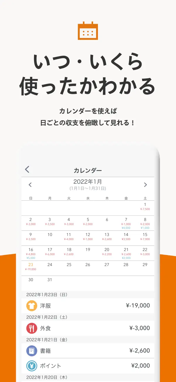 日ごとの収支をカレンダー表示で確認できるマネーフォワード MEの画面