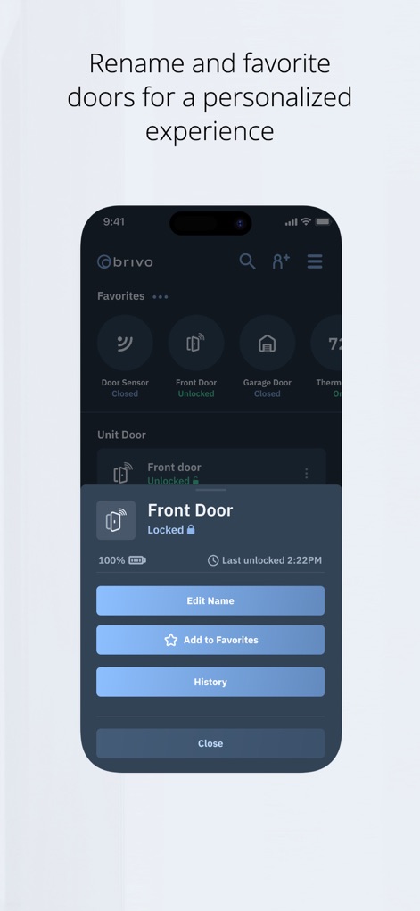 Brivo Mobile Pass - Explore the app's capability to personalize access points through the door detail pop-up, offering options such as "Edit Name" and "Add to Favorites" for tailored control.