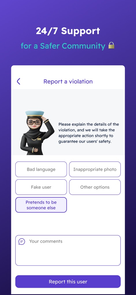 AlKhattaba - Muslim Marriage - This tool supports community safety with categorized options to report violations, further enhanced by a comment box for users to provide specific details.
