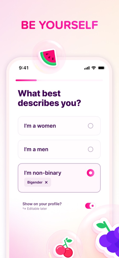 Fruitz: Match, Chat & Dating - La aplicación promueve la diversidad permitiendo a los usuarios expresar su identidad de género. Se observan opciones como 'I'm non-binary' y la posibilidad de añadir detalles específicos.