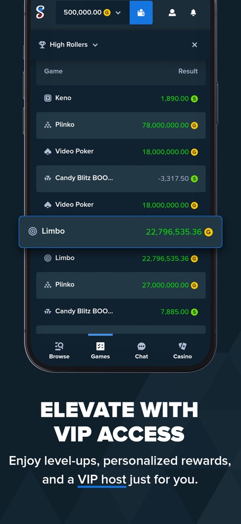 Stake US - Casino & Slots - Witness top achievements through the 'High Rollers' leaderboard and explore detailed 'game results' showcasing significant wins within the app.