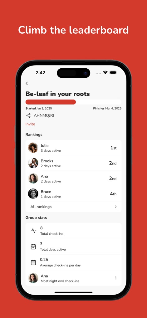 GymRats · Fitness challenge - The app features a transparent ranking system to fuel competition, providing detailed individual positions and comprehensive group statistics.