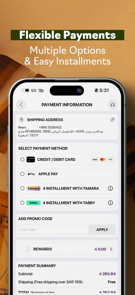 Jazi | جازي - This tool offers a seamless checkout process with multiple secure payment options, including 'Credit / Debit Card' and 'Apple Pay', along with local installment services like 'Tamara' and 'Tabby'.