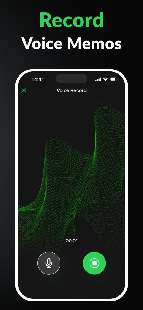 Call Recorder for iPhone. - Beyond calls, this tool offers a dedicated voice memo feature, visually represented by a dynamic green waveform visualizer and easy-to-access record and stop buttons.