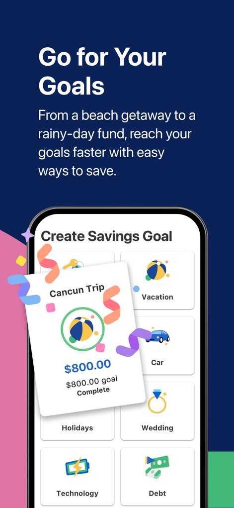 Fifth Third: 53 Mobile Banking - This tool enables users to set and monitor savings goals, clearly displaying progress towards aspirations like 'Cancun Trip' and 'Vacation'.