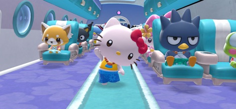 Hello Kitty Island Intro - L'image illustre Hello Kitty et ses amis installés confortablement dans un avion, montrant les sièges bleus stylisés et la configuration des personnages avant le départ.