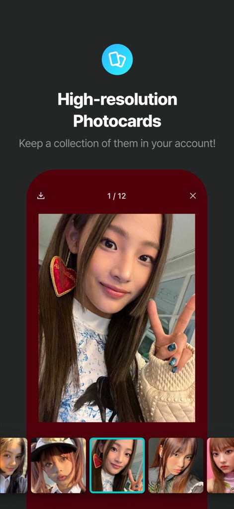 Weverse Albums - É possível visualizar e gerenciar 'photocards digitais de alta resolução', apresentados com uma 'galeria de miniaturas' na parte inferior para fácil navegação.