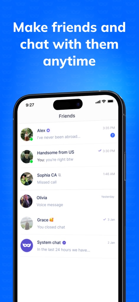 Social Chat: Make New Friends - Observe how the Friends list display efficiently organizes active chats and provides quick access to individual chat entries for ongoing conversations.