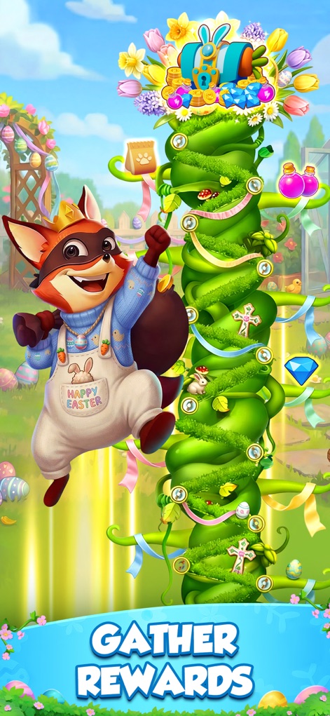 Crazy Fox - Big Win - この画面は、つるを登る楽しそうなキツネのキャラクターと、ダイヤや薬のボトルなど、つるに沿って配置された様々な貴重な報酬を示しており、ユーザーは多くのアイテムを収集できます。