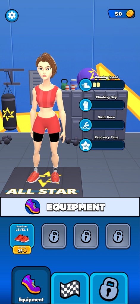 All Stars Challenge - Les joueurs peuvent personnaliser l'apparence et les attributs de leur athlète, en améliorant des équipements spécifiques comme les Baskets et en débloquant de nouvelles options, influençant directement la Vitesse de course et la Force de grimpe.