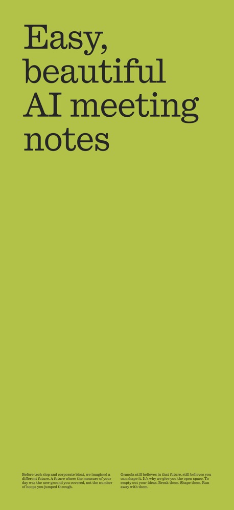 Granola - AI Meeting Notes App Store screenshot 4, headline “Easy, beautiful AI meeting notes”. Yellow.