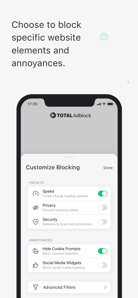 Total Adblock - Ad Blocker - Users can tailor their protection through "PRESETS" like Speed and Privacy, and manage "ANNOYANCES" such as cookie prompts and social widgets.