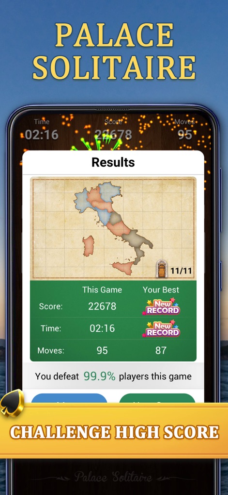 Palace Solitaire: Card Game - Review the comprehensive game results, including your score, time, and moves, alongside a competitive player comparison percentage.