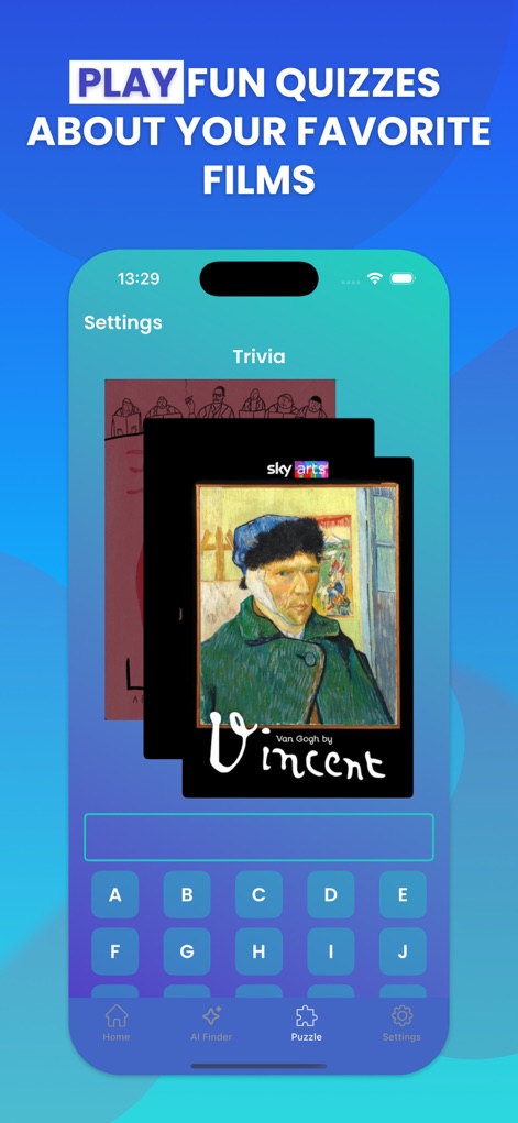 Crackle : Movies and Tv Shows - Engage with the interactive Movie Quiz, challenging users with visual trivia cards and an integrated on-screen keyboard for answering.