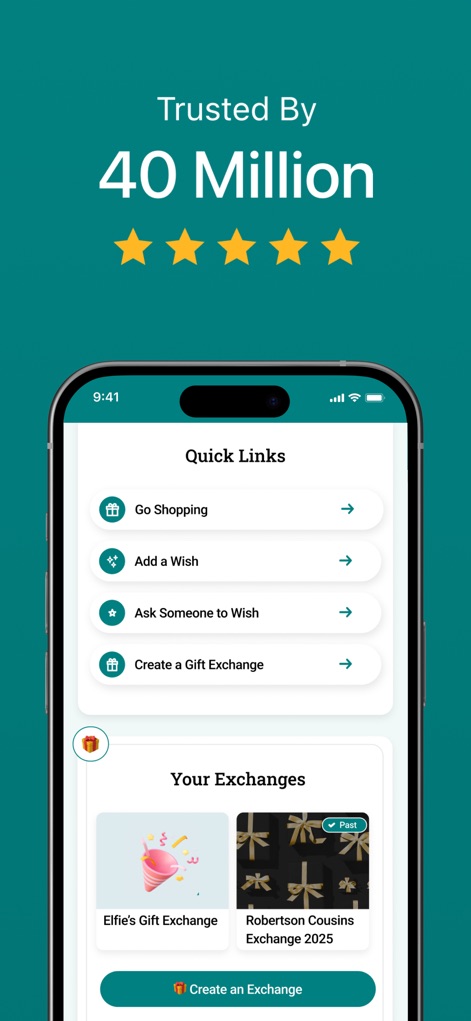 Elfster: The Secret Santa App - Users can quickly access core functionalities through "Quick Links", including options to "Go Shopping" and manage "Your Exchanges" with ease.