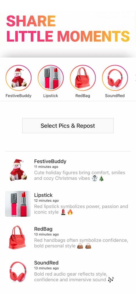 Insta Save Pro - L'application permet de découvrir des idées de contenu grâce aux icônes thématiques circulaires et de sélectionner des images spécifiques avec leurs descriptions textuelles détaillées pour le repost.