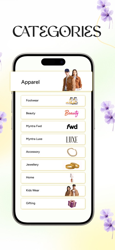 Myntra - Fashion Shopping App - The app organizes its extensive product range into easily navigable categories such as Apparel and Footwear, helping users quickly find specific fashion segments.