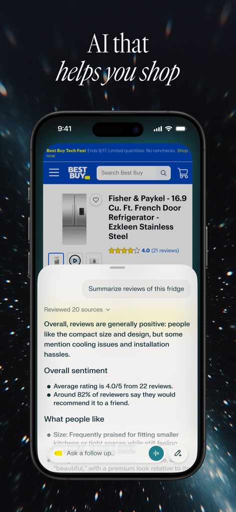 Comet - AI Browser & Assistant - See the power of AI assisting shopping on sites like 'Best Buy', providing concise summaries of product reviews for informed decisions.