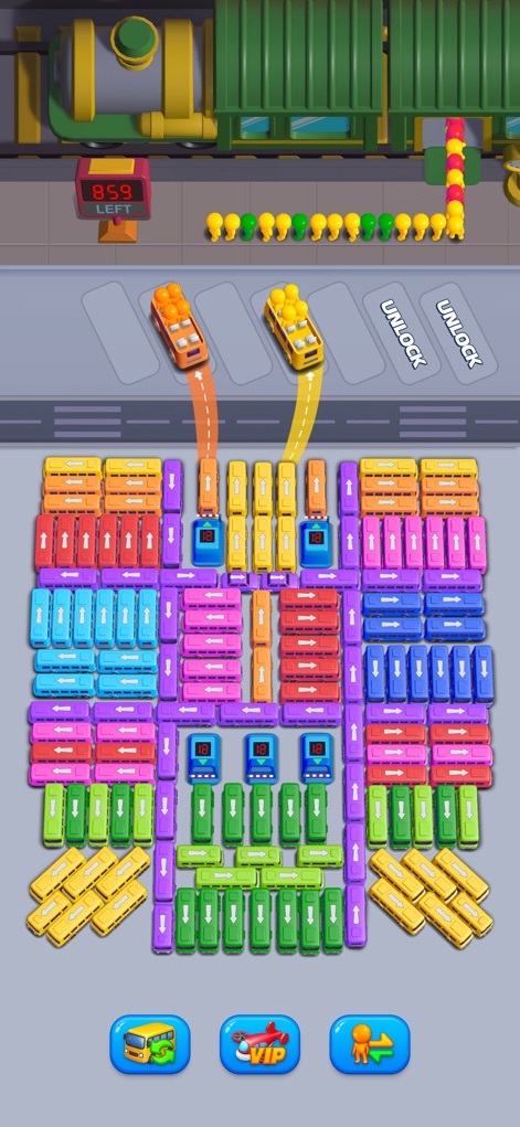 Bus Go - Car Jam,Bus Games - Witness the process of buses being released from designated parking spots, dynamically flowing into the central puzzle grid as the "859 LEFT" counter tracks progress.