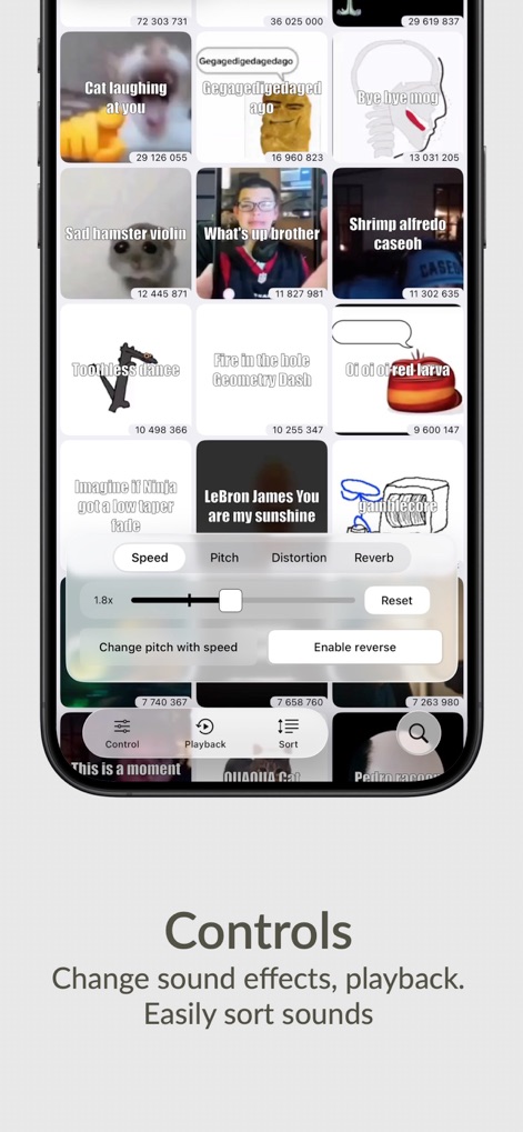 Meme Soundboard 2016-2026 - Ajuste la experiencia auditiva con controles de efectos como velocidad y tono, y gestione la reproducción y el orden de los memes con opciones de clasificación intuitivas.