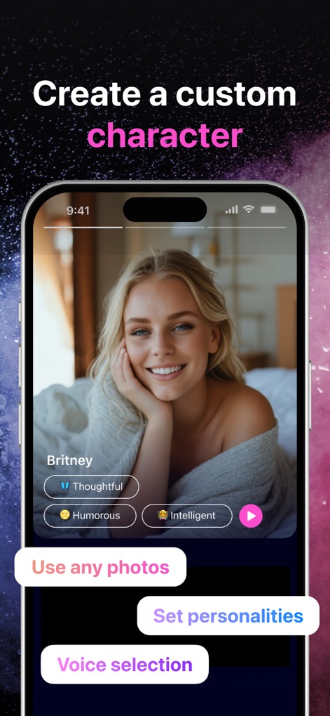 Ai Girl: Chat with Girlfriend - Esta vista detalla la capacidad de definir rasgos de personalidad específicos para la AI, junto con la opción de seleccionar su voz para una experiencia a medida.