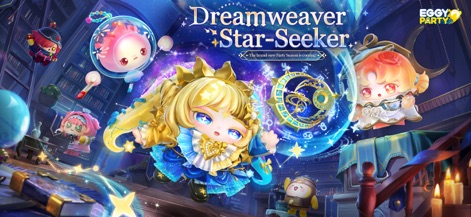 Eggy Party - The app introduces the whimsical 'Dreamweaver Star-Seeker' season, showcasing charming eggy characters adorned in elaborate celestial-themed outfits.
