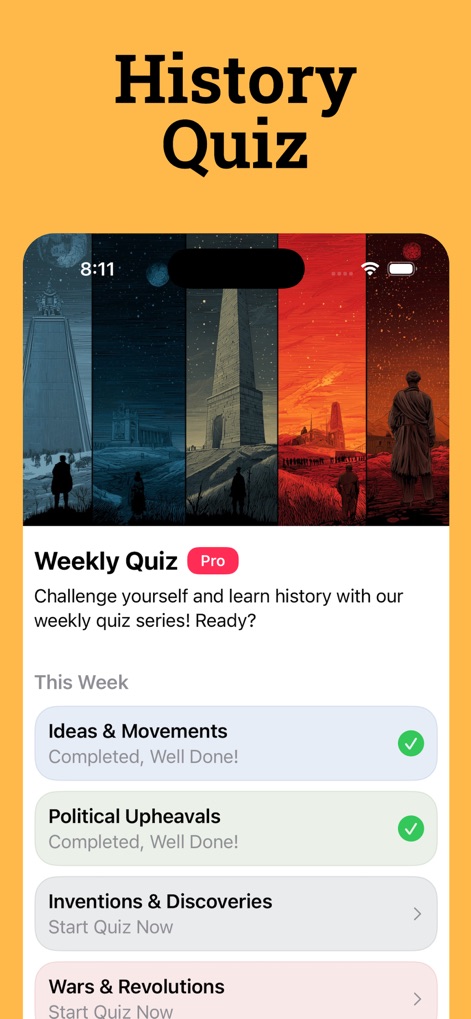 HistoryDays: Learn History - Users can test their understanding with weekly quizzes on topics like 'Ideas & Movements' and 'Political Upheavals', tracking their progress with clear completion indicators.