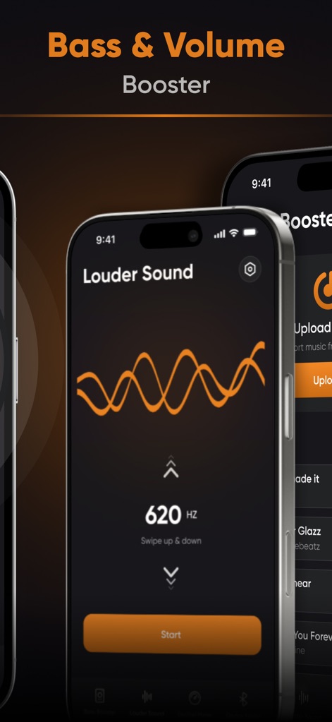Bass Booster, Volume Amplifier - Examine the app's visual sound shaping capabilities, showcasing a prominent waveform graphic and precise frequency control displayed as '620 Hz'.