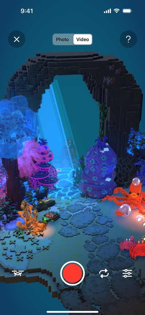 Rooms - Users can capture their creations with dedicated 'Photo' and 'Video' toggles, utilizing the intuitive red record button for cinematic storytelling within their rooms.