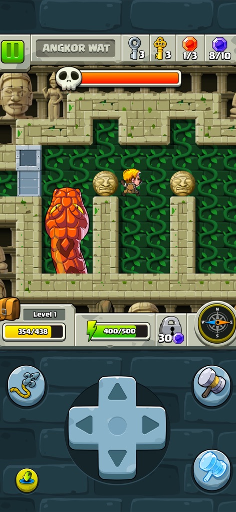 Diamond Quest: Don't Rush! - Experience an intense boss fight against a colossal red snake within the lush Angkor Wat temple, complete with an on-screen health bar.