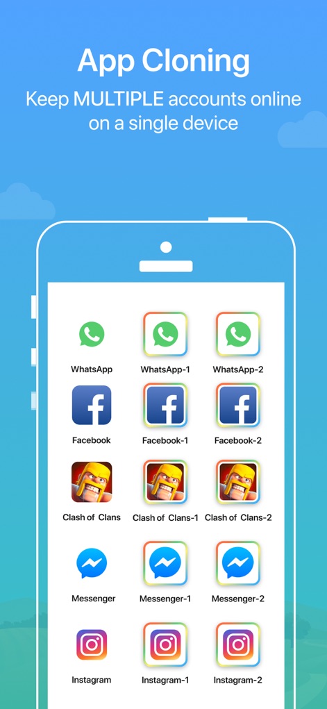 Parallel Space ~ App Cloning - See how the app displays multiple cloned icons for popular platforms like WhatsApp and Facebook, enabling users to keep separate accounts active simultaneously.