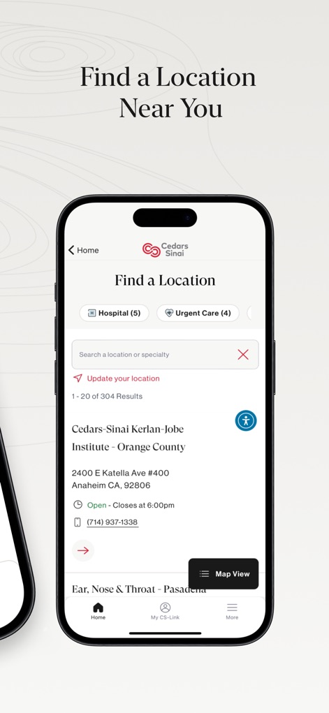 Cedars-Sinai - 이 화면은 사용자 주변의 의료 시설을 검색하고 상세 정보를 확인할 수 있게 하며, 병원 유형 필터와 특정 위치의 주소 및 전화번호 정보가 명확하게 제공됩니다.