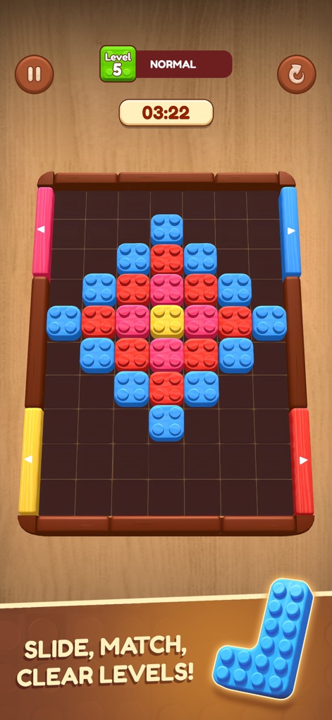 Wooden Slide: Block Escape - Discover the foundational gameplay mechanics through simpler initial puzzle layouts, guided by the intuitive movement indicators on the side rails for precise block sliding.