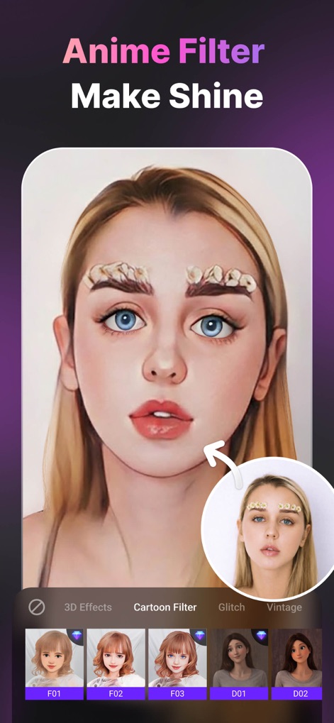 LoopArt - 3D Photo & Morph - Esta herramienta aplica un filtro de anime que estiliza el rostro, realzando características como X (ojos grandes y expresivos) y añadiendo Y (un toque de fantasía y brillo característico del género).