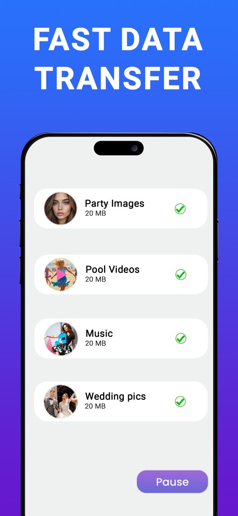 Smart Switch: Copy my data - Aquí se visualiza el progreso de la transferencia rápida con elementos específicos como 'Party Images' y 'Pool Videos', ofreciendo la opción de pausar el proceso.
