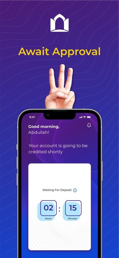 amlak: Personal Finance - Users can monitor their application status with the 'Waiting For Deposit' indicator and view a precise '02 Hours : 15 Minutes' countdown for funds crediting.