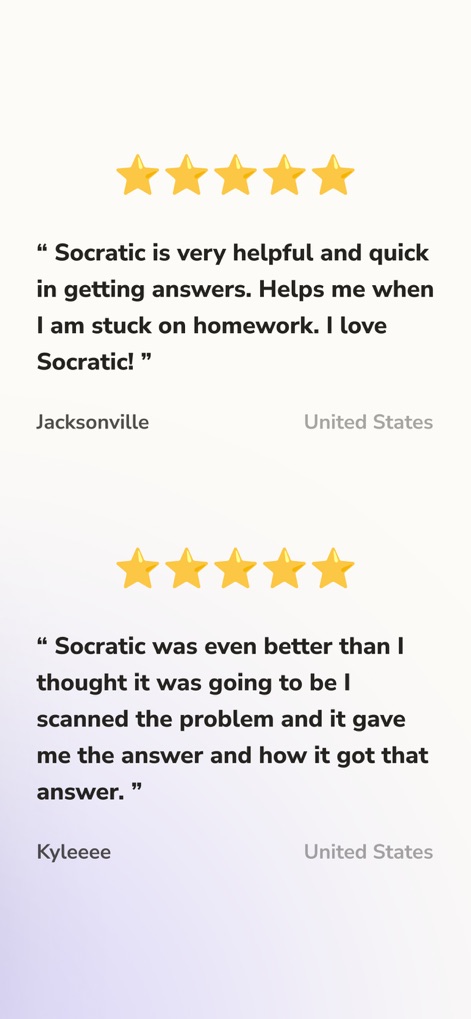 Socratic AI - Homework Helper - La satisfacción del usuario se refleja en las valoraciones de cinco estrellas y en los elocuentes testimonios, como el que destaca que 'Socratic es muy útil y rápido para obtener respuestas'.