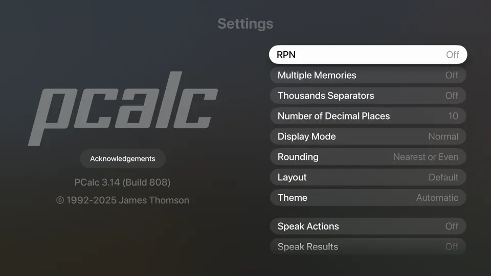 Captura de pantalla de PCalc TV en iPhone 3