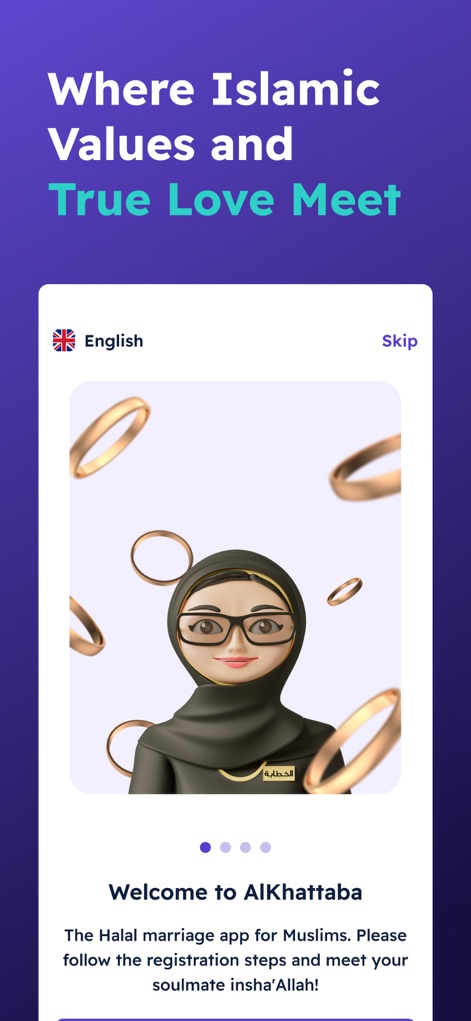 AlKhattaba - Muslim Marriage - Users begin their journey with a clear language selection and an engaging animated character symbolizing the app's focus on halal marriage.