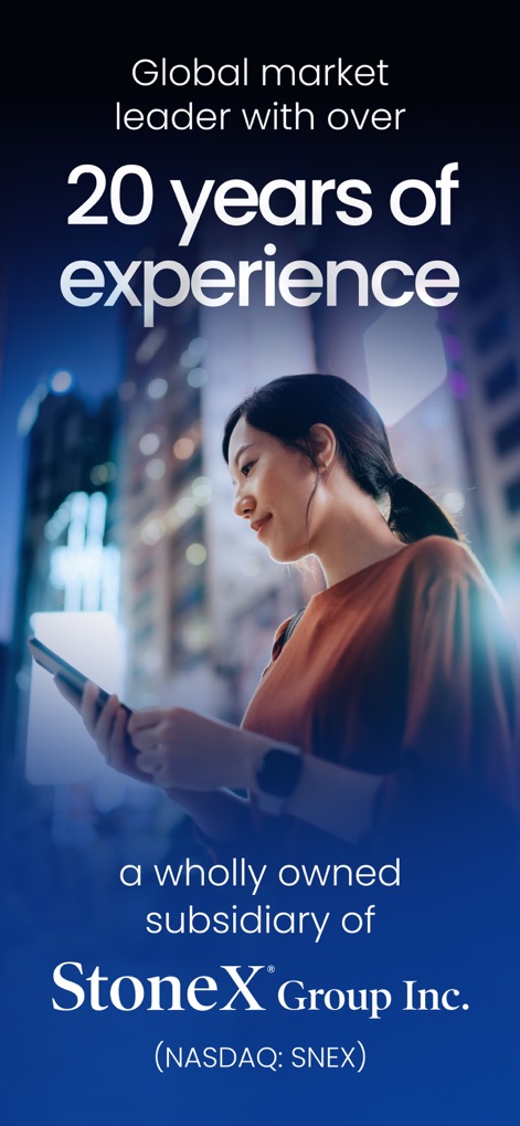 FOREX.com Forex Trading Broker - The app emphasizes its position as a "Global market leader with over 20 years of experience" and its affiliation as a "wholly owned subsidiary of StoneX Group Inc.".