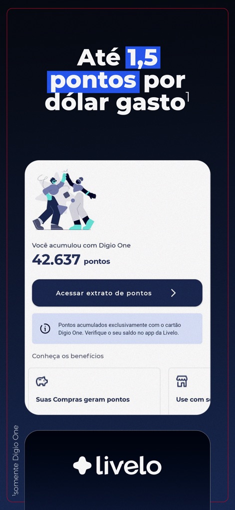 Digio: cartão de crédito - O programa de recompensas do Digio One permite acumular 'Até 1,5 pontos por dólar gasto', com a tela mostrando um exemplo de '42.637 pontos' acumulados pelo usuário.