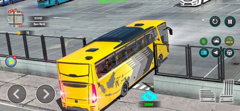 City Bus Simulator Road Trip - Gli utenti possono apprezzare le manovre dettagliate in aree ristrette, con il bus giallo dalla livrea distintiva che raffigura una mappa (X) che si destreggia con precisione in un'area di parcheggio o deposito (Y) definita da recinzioni.
